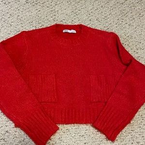 Zara red soft knit front pocket crop sweater (NWOT)